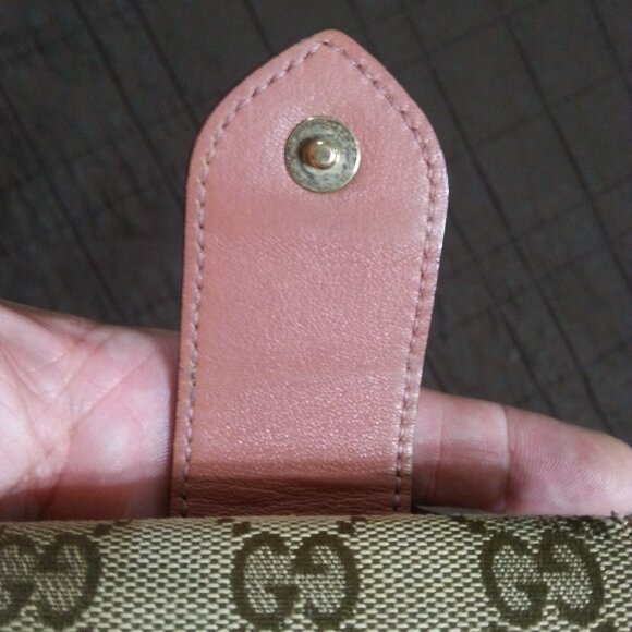 Vintage Gucci Key Holder Gold Heart Monogram Canvas Denim Tan Pink Snap - Picture 14 of 15